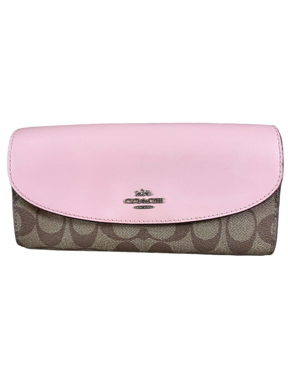 Coach slim envelope wallet featuring signature coated canvas & pink leather flap